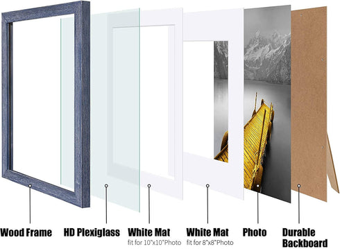 12x12 Picture Frames Wood Distressed Blue Display Pictures 10x10 or 8x8 with Mat or 12x12 without Mat - 12x12 Inch Square Photo Frames with 2 Mats for Wall or Tabletop Mount, 1 Pack