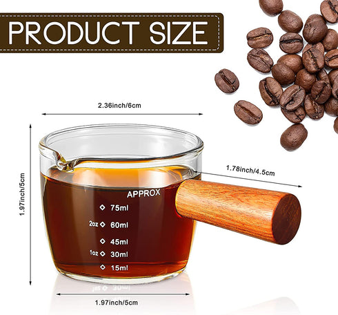 Tanlade Single Spout Espresso Shot Glass with Wood Handle Espresso Glass 75 ml Carafe Shot Glass Measuring Cup Mini Milk Glass Cup with Handle for Milk Coffee Espresso Making (1)