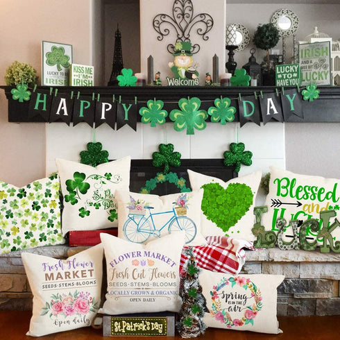 4TH Emotion Spring St. Patrick's Day Throw Pillow Covers Farmhouse Cushion Case for Sofa Couch 18 x 18 Inches Polyester Linen Set of 4