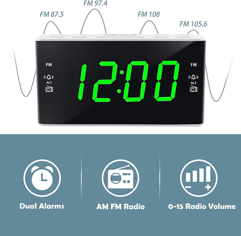 Homicial Digital Alarm Clock Radio for Bedroom with AM/FM Radio Dual Alarms, Preset, Sleep Timer and Dimmer, 4.5" Green LED Display, Corded Electric Powered