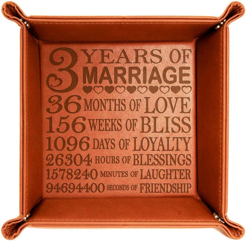 Kate Posh - 3 Years of Marriage Engraved Leather Catchall Valet Tray, Our 3rd Wedding Anniversary, 3 Years as Husband & Wife, Gifts for Her, for Him, for Couples (Rawhide)