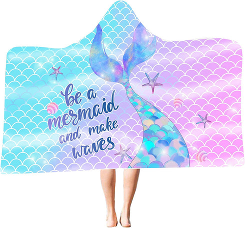 Hexagram Mermaid Hooded Beach Towel,Kids Little Mermaid Tail Poncho Towel for Girls,Quick Dry 30?x50? Pink Bath Towel for Pool Swiming