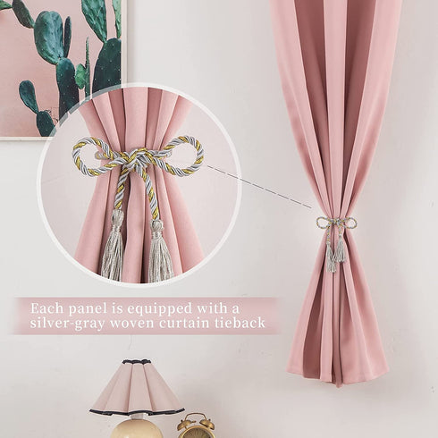 DAIMEIEN Window Treatment Panels Thermal Insulated Solid Grommet Blackout Curtains/Drapes with Tiebacks for Living Room (A Pair,W 52 x L 63 inches, Pink)