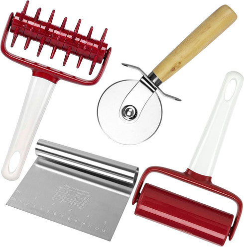 AooBaBa 4 Pieces Pizza Tools Set incl Dough Cutter Roller Docker and Pizza Cutter Wheel, Pastry Pizza Pie Roller Rolling Pins and Time-Saver Pizza Dough Docker(4 pcs)