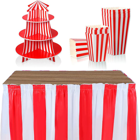 14 Pieces Carnival Red White Striped Table Skirt Carnival Tablecloth Circus Theme Table Cover 3 Tier Cupcake Foam Stand Popcorn Box for Mardi Cras Home Party Decorations Supplies