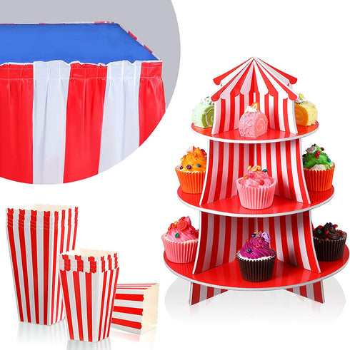 14 Pieces Carnival Red White Striped Table Skirt Carnival Tablecloth Circus Theme Table Cover 3 Tier Cupcake Foam Stand Popcorn Box for Mardi Cras Home Party Decorations Supplies