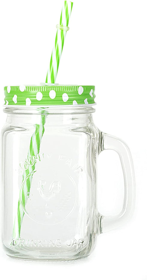 Mason Jar Mugs with Handle, multi COLORED Lids and Plastic Straws. 16 Oz. Each. Old Fashion Drinking Glasses - pack of 4 by Premium Vials