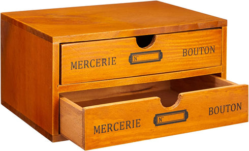 Small Wooden Storage Box with Drawers, Desk Organizer, Vintage French Design (9.75 x 7 x 5 In)