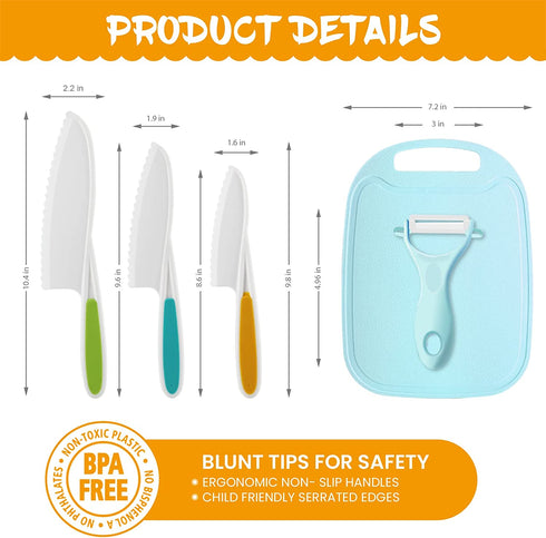 Kids Knifes Set,Nylon Knives Safe Baking Cutting Cooking Children's Beginners Cut Fruits Salad Veggies CakeFun Firm Grip Serrated Edges Friendly Childrens Knife With Cutting Board Peeler 5Pack blue
