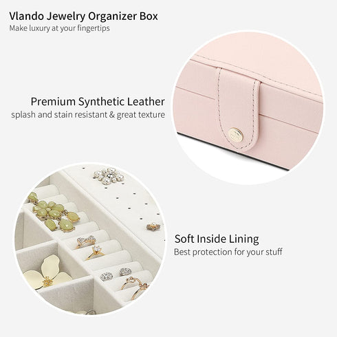 Vlando Jewelry Boxes for Girls, Women Jewelry Organizer Box Travel Necklace Earrings Ring Bracelet Jewelry Storage Case, Medium Portable Leather Jewellry Holder with Lid, Kids Gift, Pink