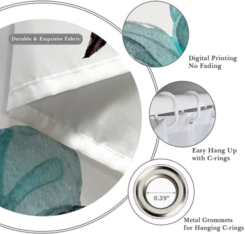 Kikiry Floral Shower Curtain Set 60''W x 72''L Teal Flower Watercolor Aqua Ink Spring Blossom Turquoise Peony Rose Polyester Fabric Waterproof 12 Pack Plastic Hooks