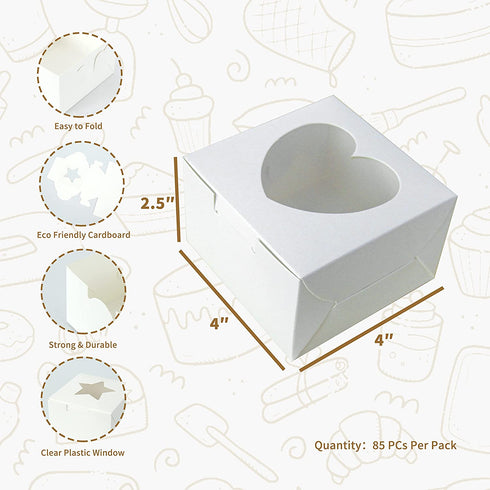 Ghilia 85pcs 4x4x2.5 Inches White Cake Boxes, Bakery Boxes with Window, Small Pastry Boxes, Cupcake Boxes, Gift Boxes for Candy, Chocolate, Donuts, Fruits and Party.