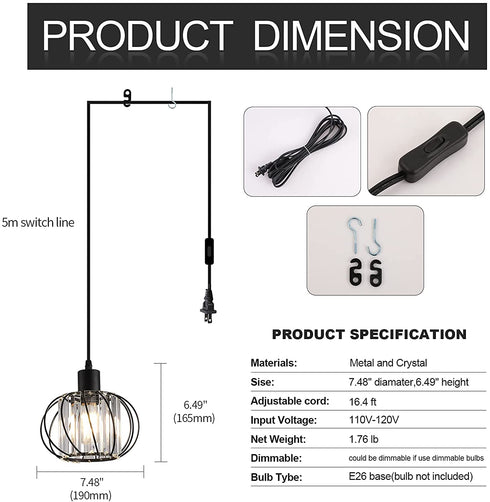KAERDI Crystal Plug in Pendant Light Hanging Plug in lamp Mini Chandelier Swag Lights Cage Industrial Fixtures for Dining Room Bedroom Foyer Hallway Kitchen Island, Black