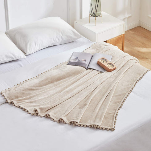 BEAUTEX Fleece Throw Blanket with Pompom Fringe, Beige Flannel Blankets and Throws for Couch, Super Soft Cozy Lightweight Plush Throw Blanket (50" x 60")