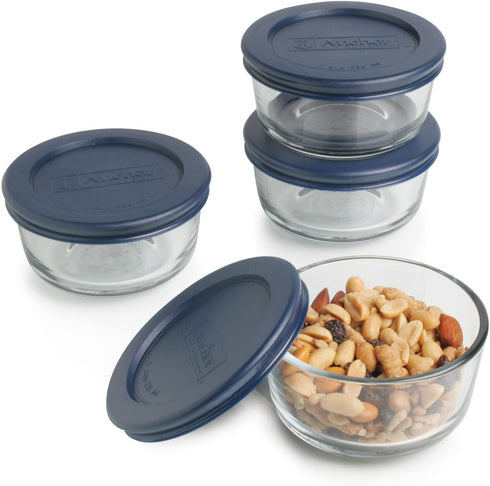 Anchor Hocking 1-Cup Round, Glass Food Storage Containers with Plastic Lids, Blue, Set of 4
