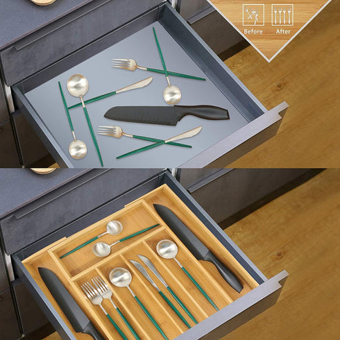 Bamboo Silverware Organizer, Expandable Kitchen Drawer Organizer for Cutlery, Wooden Utensil Holder, Multi-Function Drawer Storage, 5-7 Compartments