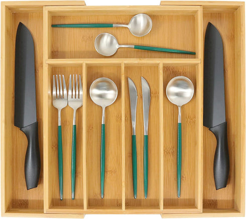 Bamboo Silverware Organizer, Expandable Kitchen Drawer Organizer for Cutlery, Wooden Utensil Holder, Multi-Function Drawer Storage, 5-7 Compartments