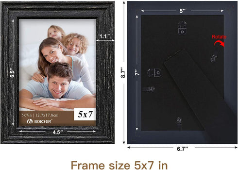 Picture Frames 5x7 Black (set of 6 Pack) - Rustic Farmhouse Wooden Frame - Photo Frame with Polished High Definition Glass for Table Top and Wall Mounting