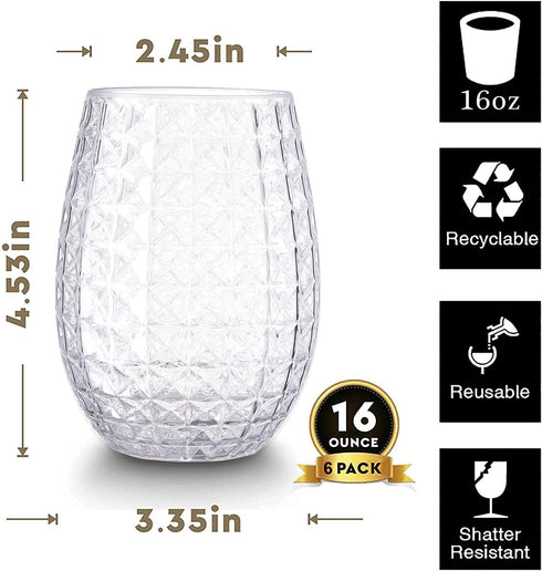HOMIP Plastic Wine Glasses Set of 6: 16 oz Pretty Shatterproof Whiskey Cocktail and Fruit Juice Drinking Glass - Unbreakable Reusable & Recyclable for Outdoor Pool Party Picnics (Clear)