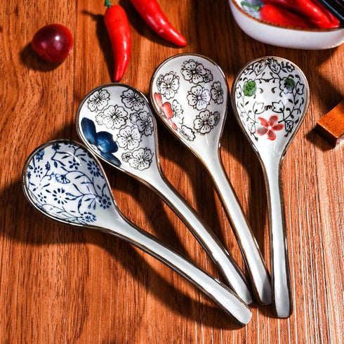 Japanese and Korean Soup Spoon set of 4, Long Curved Handle Asian Retro Chinese Ceramic Rice Spoons for Ramen Noodle(Different Color)