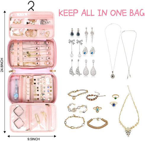 Matein Travel Jewelry Organizer, Portable Hanging Leather Carrying Storage Bag Large Waterproof Jewelry Pouch with Hook, Jewelry Case Holder for Necklaces, Earrings, Rings, Gifts for Women, Pink