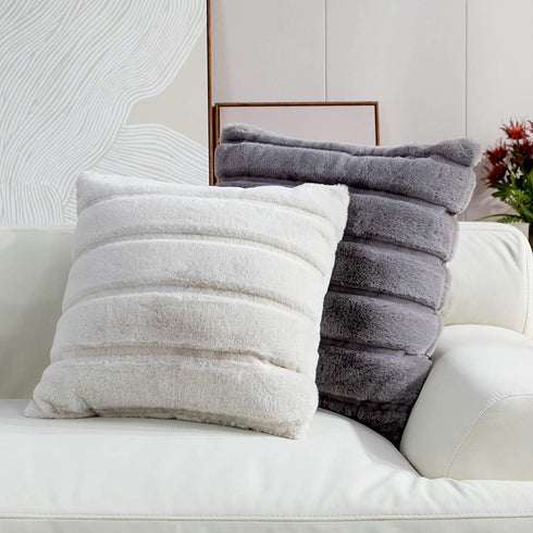 Cozy Bliss Set of 2 Faux Fur Fleece Throw Pillow Covers Luxury Super Soft Plush, Striped Cushion Cover Textured Decorative Pillowcases for Sofa Couch Bed Chair Car (Grey, 20"x20")