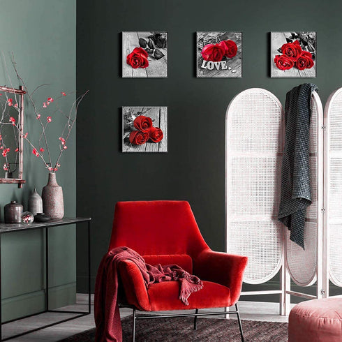 Red Rose Bathroom Wall Art Black and White Flower Canvas Prints Picture Bedroom Wall Decor Aesthetic Floral Painting Modern Romantic Kitchen Artwork Poster Decorations Wooden Framed 8x8 Set of 4