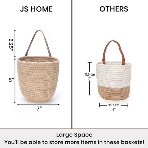 JS HOME 2 Pack Jute Hanging Baskets with Leather Handle, Decorative Wall Basket for Plants and Flowers, Small Woven Fern Wall Hanging Basket, Hanging Baskets for Organizing, Jute, 8" x 7''