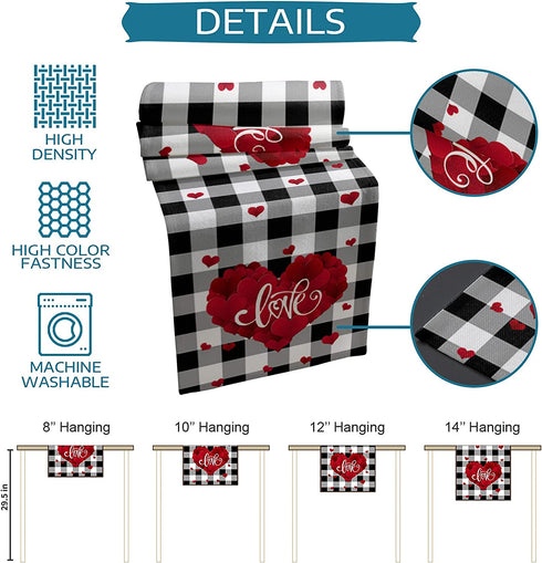 Valentine's Day Table Runner 13x90 Inch, Romantic Red Love Heart Vintage Black White Buffalo Plaid Table Runner Dresser Scarves for Valentines Day Dinner Parties Washable Cotton Linen Table Runners