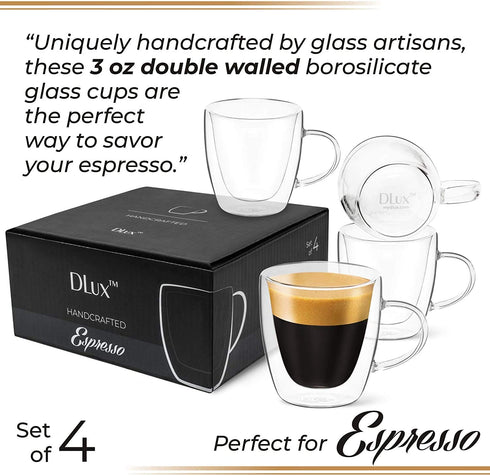 DLux Espresso Coffee Cups 3oz, Double Wall, Clear Glass set of 4 Glasses with Handles, Insulated Borosilicate Glassware Tea Cup