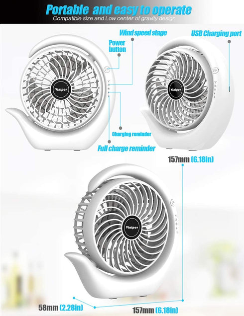 viniper Battery Operated Fan, Small Desk Fan : 3 Speeds & 8-24 Hours Longer Working, 180° Rotation, Optimised Portable USB Rechargeable Fan , Small but Mighty, for Home/Office (6.2 inch, Black)