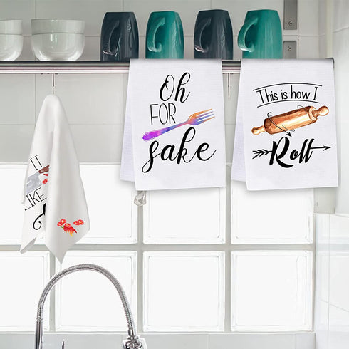 Kamalove Funny Kitchen Towels and Dishcloths Sets of 4 - Dish Towels with Sayings - House Warming Presents for New Home, Gifts for Women, Farmhouse Kitchen Decor, Colourful