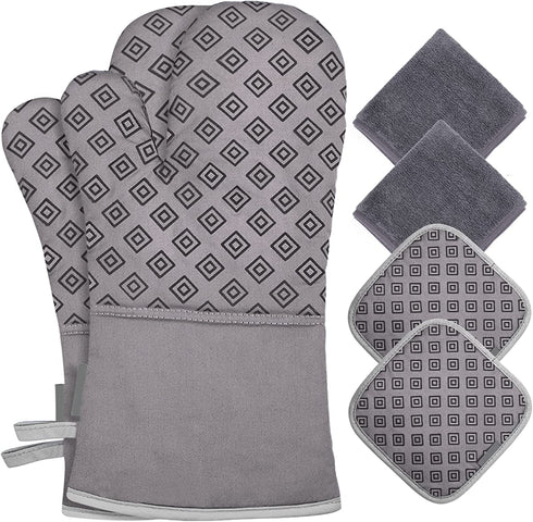 Oven Mitts and Pot Holders Kitchen: 500° Heat Resistant Oven Gloves Silicone Ovenmitts Hotpads Set - Quilted Long Kitchen Mittens Potholders Washable Mits Hot Pads Flexibility for Baking
