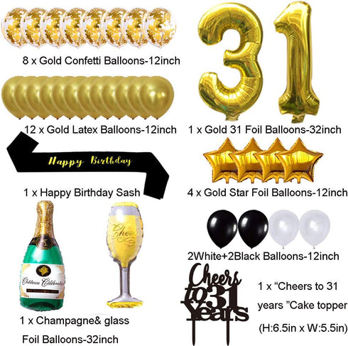 Gold 31st Birthday Decorations kit, Cheers To 31 Years Banner Balloons,31st Cake Topper Birthday Sash, Gold Tinsel Foil Fringe Curtains, for 31 Birthday&Anniversary Decorations