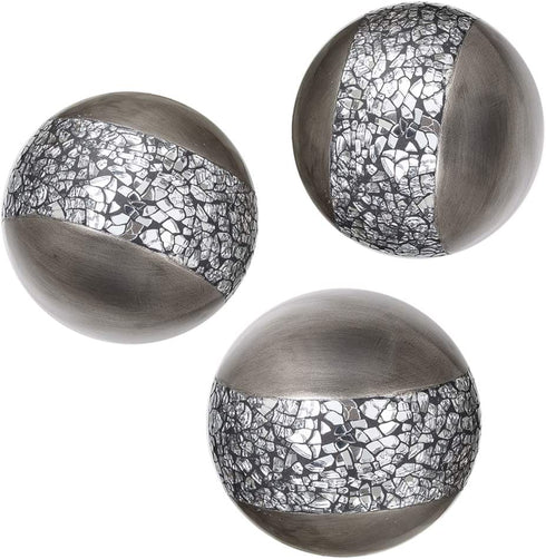 Schonwerk Silver Decorative Orbs for Bowls and Vases (Set of 3) Resin Sphere Balls for Living, Dining Room, Coffee Table Centerpiece Decor - Great Gift Idea (Crackled Mosaic)