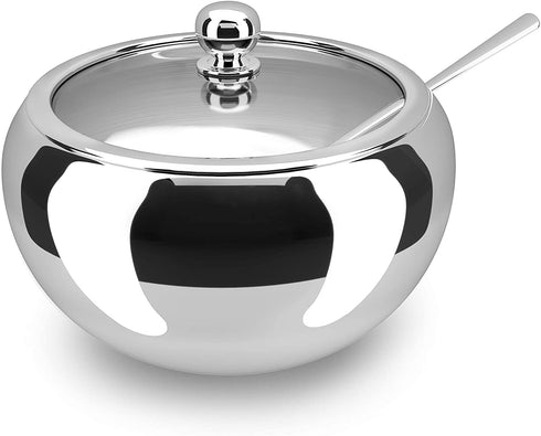 Kook Stainless Steel Sugar Bowl with Lid and Spoon, Serving Dish, Clear Glass Lid, Storage for Salt, Candy, Coffee, Holds 2 Cups, Dishwasher Safe, 16 oz