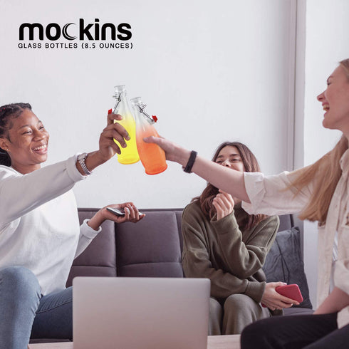Mockins Set of 6 | 8.5 Oz. Glass Bottle Set with Swing Top Stoppers and Includes Bottle Brush , Funnel and Gold Glass Marker | Clear Glass Water Bottle