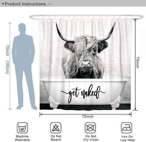 DESIHOM Highland Cow Shower Curtain Western Get Naked Shower Curtain Grey Shower Curtain Farmhouse Shower Curtain Animal Funny Shower Curtain Polyester 72x72 Inch