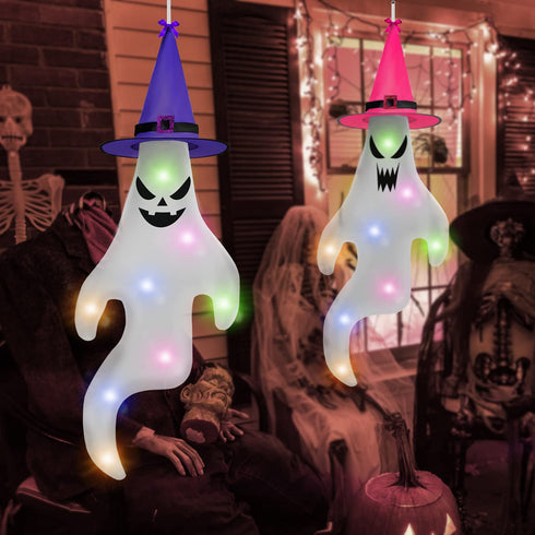 YEGKGO 2PCS 56" Halloween Ghost Windsocks with LED Lights and Hat, Halloween Hanging Windsocks, Outdoor Halloween Decorations for Yard, Patio, Lawn, Garden, Tree