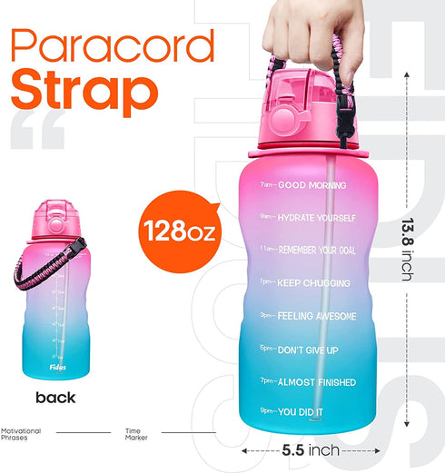 Fidus Large 1 Gallon Motivational Water Bottle with Paracord Handle & Removable Straw - BPA Free Leakproof Water Jug with Time Marker to Ensure You Drink Enough Water Throughout the Day