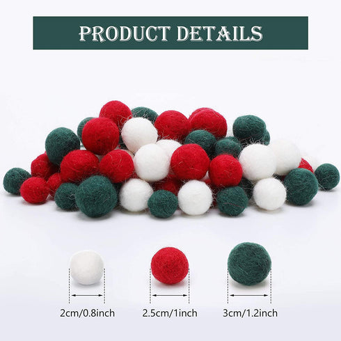 120 Pieces Christmas Felt Balls Christmas Wool Balls Green White and Red Wool Felt Pom Poms DIY Wool Felt Balls for Christmas DIY Garland, Xmas Decorations (0.8 Inch, 1 Inch, 1.2 Inch)