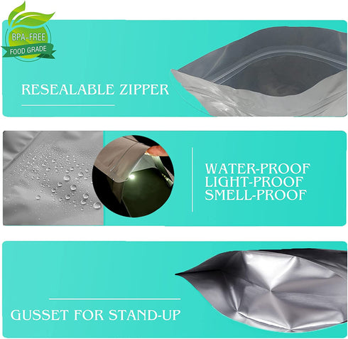 SHXWELL 50pcs 1 Quart Mylar Bags for Food Storage, 7"x10" 4.75 Mil Stand-Up Zipper Pouches Resealable and Heat Sealable for Long Term Food Storage(7"x10", Extra Thick)