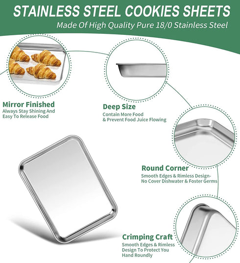 Baking Sheets Set of 2, HKJ Chef Cookie Sheets 2 Pieces Stainless Steel Baking Pans & Toaster Oven Tray Pans, Rectangle Size 9L x 7W x 1H inch & Non Toxic & Healthy & Easy Clean