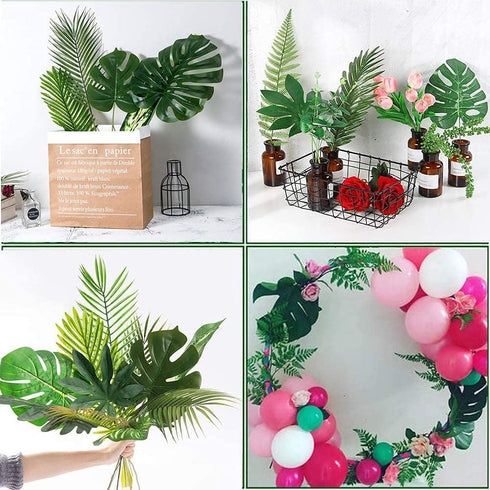 rubzdeco 80 Pcs 4 Kind Palm Leaves Artificial Faux Leaf with Stem for Tropical Jungle Safari Theme Birthday Beach Baby Shower Wedding Decoration Luau Hawaiian Supplies