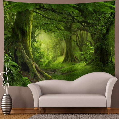 Lahasbja Virgin Forest Tapestry Green Tree in Misty Forest Tapestry Wall Hanging Nature Scenery Wall Tapestry Decor for Living Room Bedroom