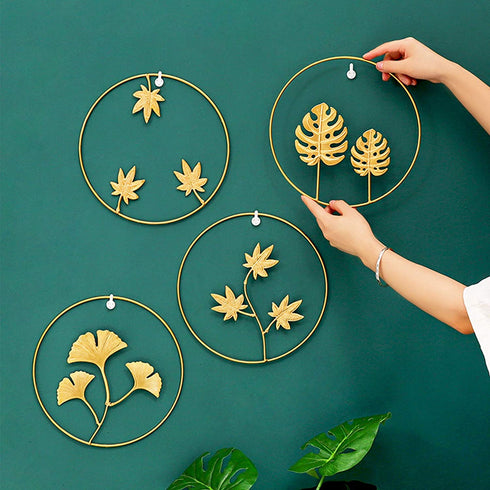 Tinsow 9.5 Inch Iron Wall Sculptures,Gold Metal Ginkgo, Maple, Monstera Leaf Wall Decor Round Wall Ornaments,Easy Installation Great for Bedroom Hanging Parts Hotel Wall Decoration (Gold, 4)