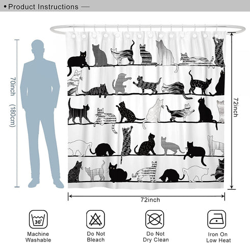 DESIHOM Funny Cat Shower Curtain Animal Black and White Shower Curtain Cartoon Fun Novelty Shower Curtain Polyester 72x72 Inch