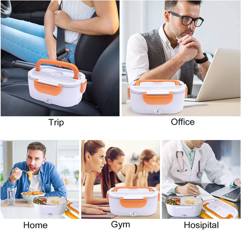 Electric Lunch Box Food Heater Warmer 2 in 1 for Home Office 110V and Car 12V 40W Use Include 1.5L Removable Stainless Steel Container Spoon and 2 Compartments(Orange)