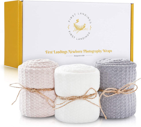 First Landings Baby Wrap | Set of 3 Premium Knit Wraps | Newborn Photography Props for Boy or Girl Photoshoot | Unisex Newborn Receiving Blankets or Baby Swaddle Wrap