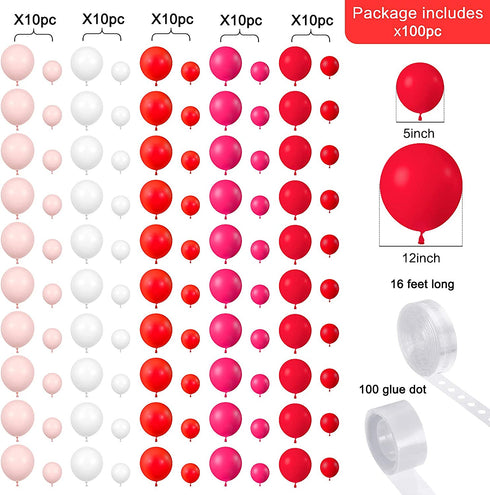 100 Pieces Red Pink White Balloons Garland Arch Valentines Decorations Balloons Set with 2 Pieces Heart Tinsel Fringe Curtains Party Supplies for Valentines Wedding Anniversary Engagement Party